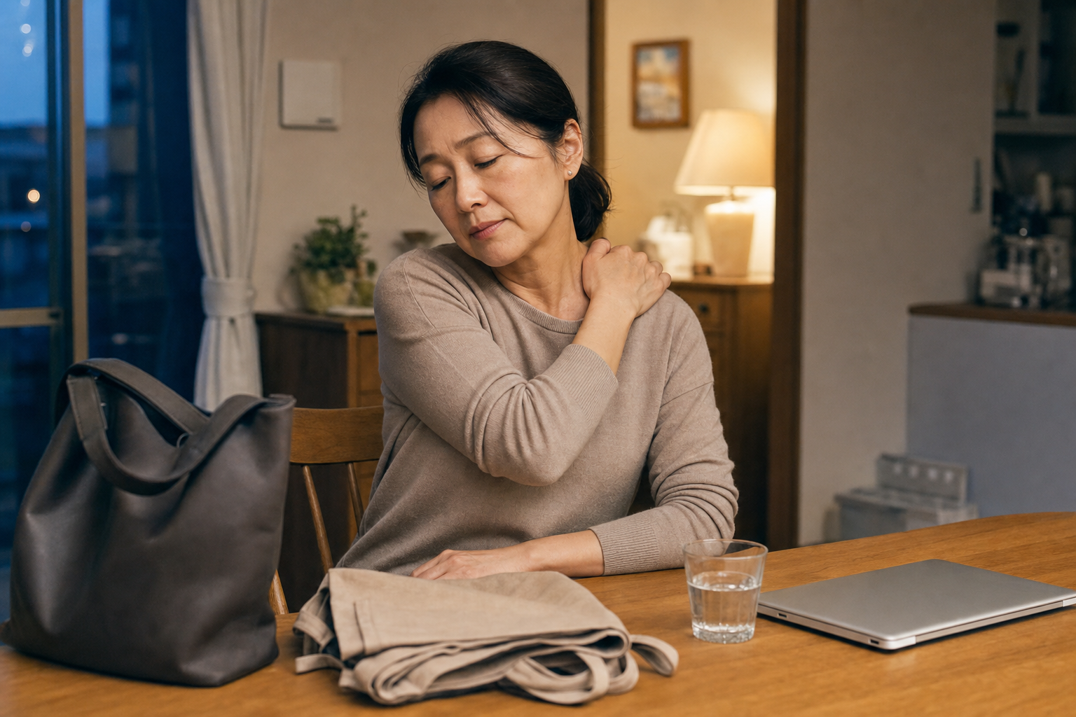 50代のダブルワークによる肩の疲れを感じる女性