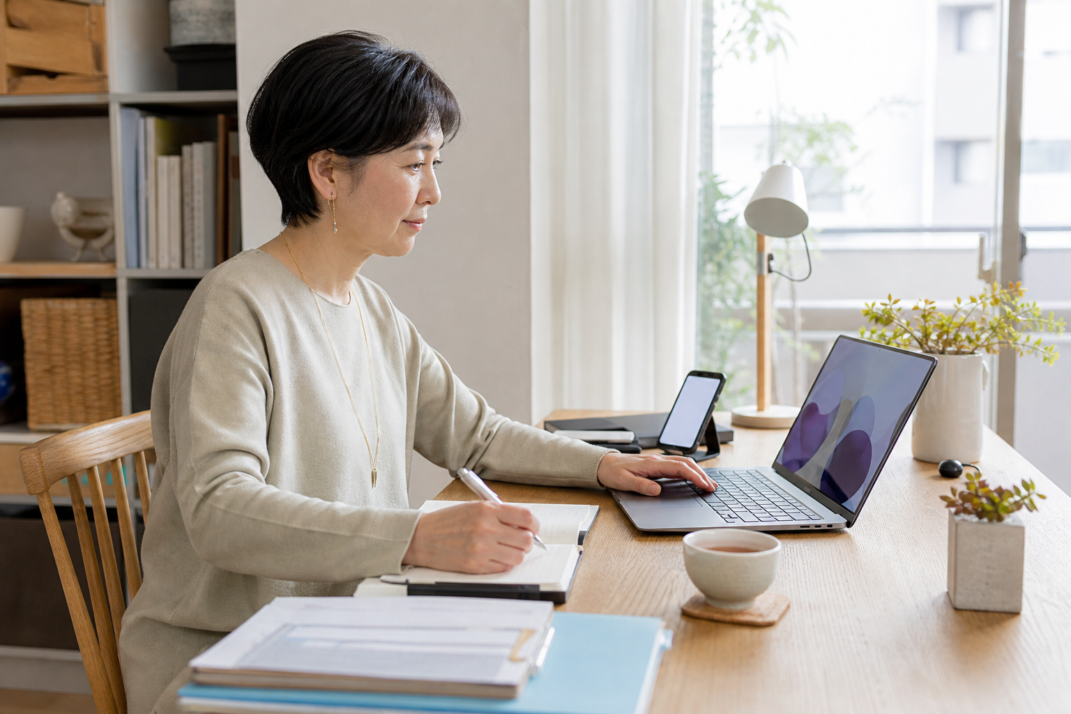 自宅でオンラインの仕事に取り組む50代女性