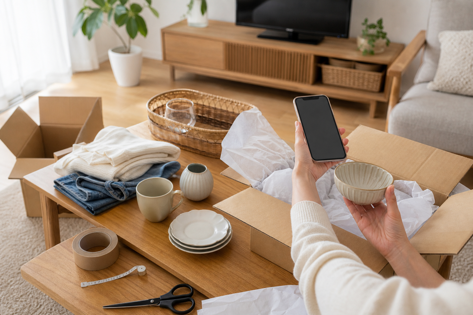 不用品を撮影してオンライン販売の準備をする様子