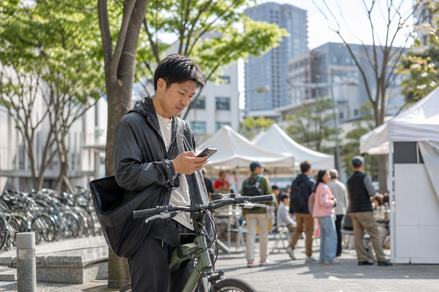 週末の街で自転車を使った副業をする男性