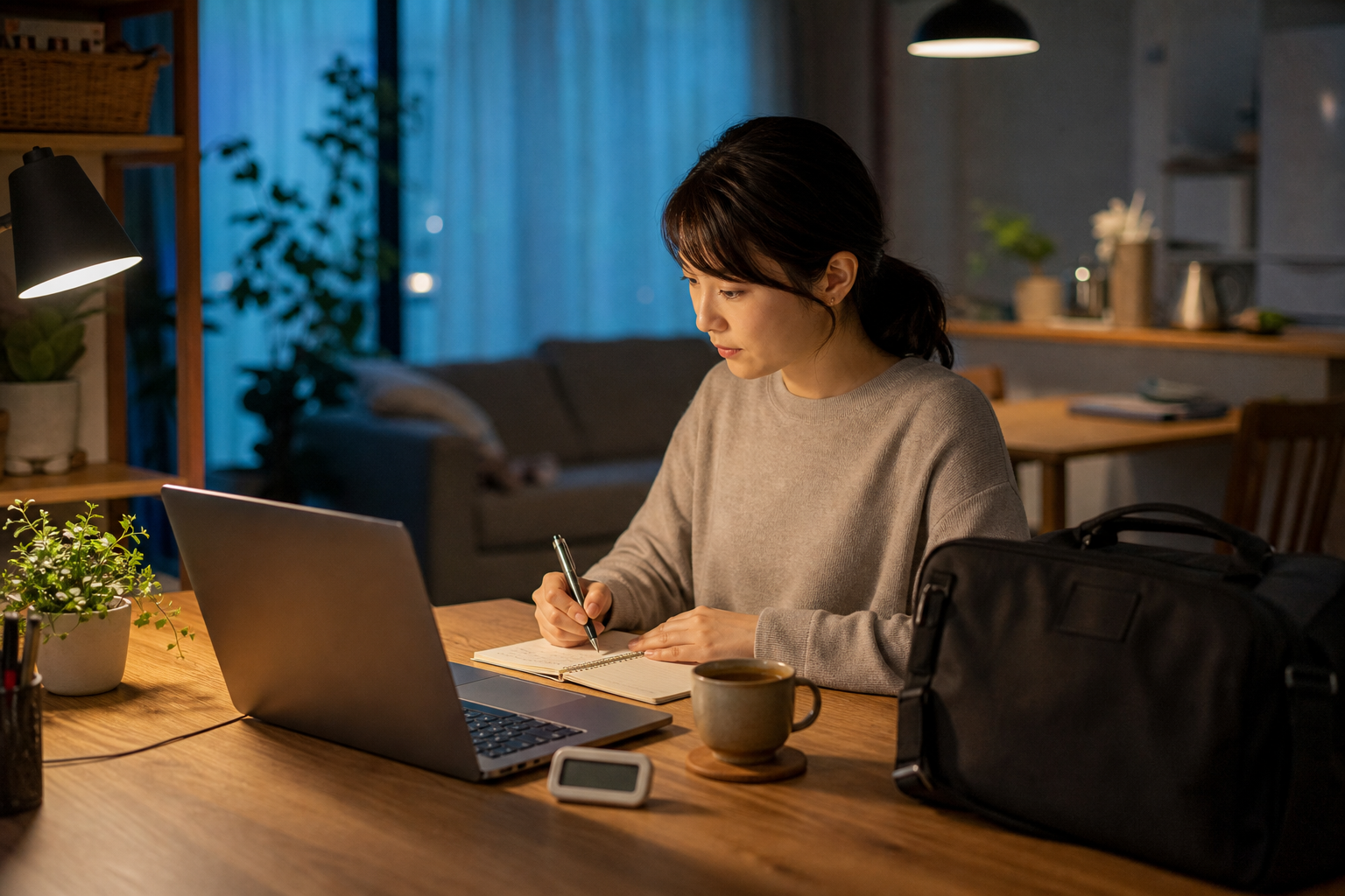 本業後の時間を活用して自宅で副業に取り組む女性