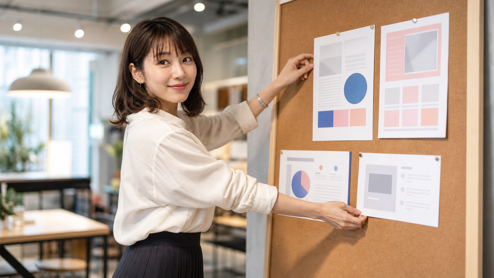 AI副業の実績サンプルを3から5点作成して掲示する日本人女性の写真