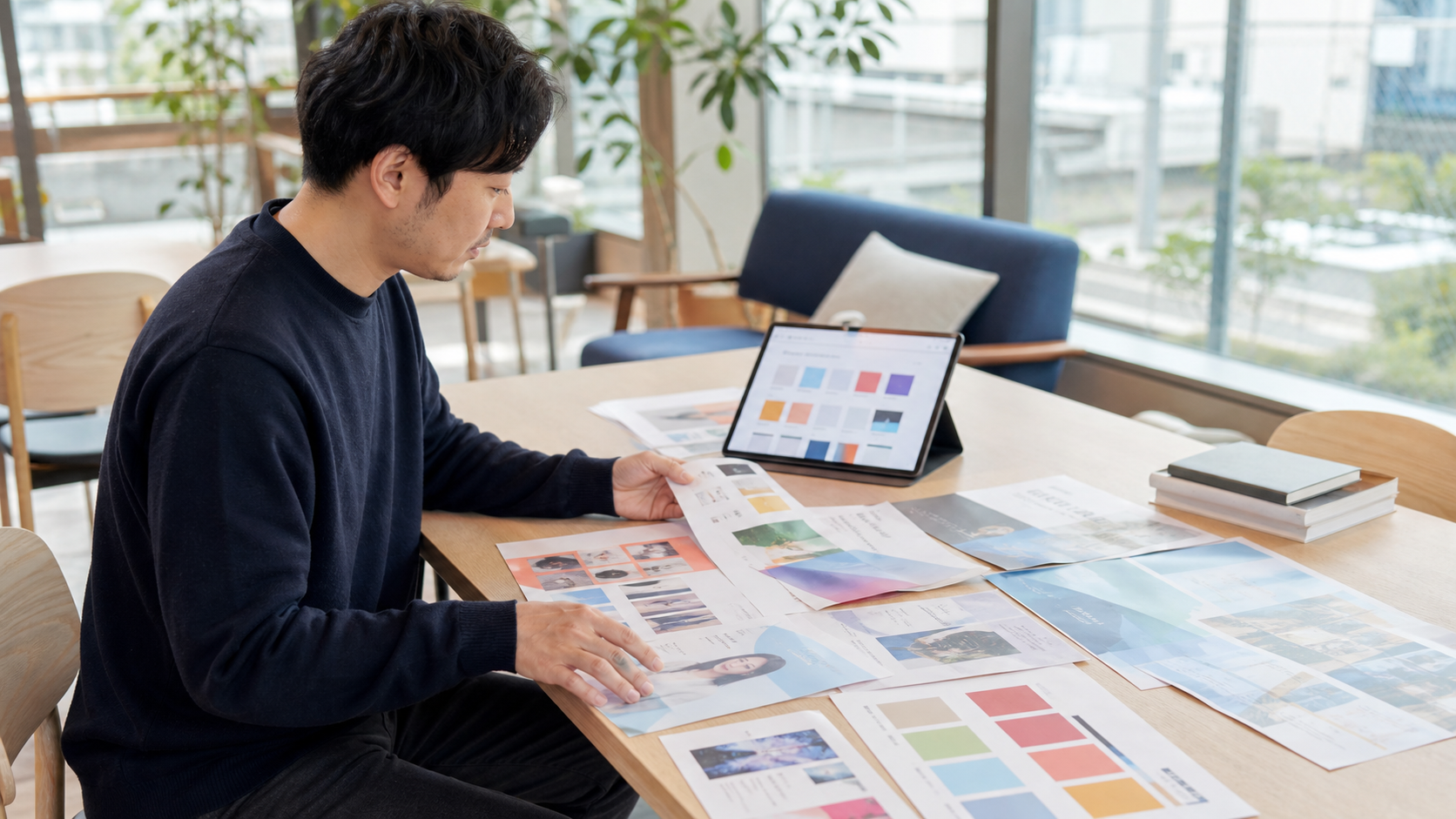 Canvaで受けられる業務委託案件の種類をデザインサンプルで確認する男性
