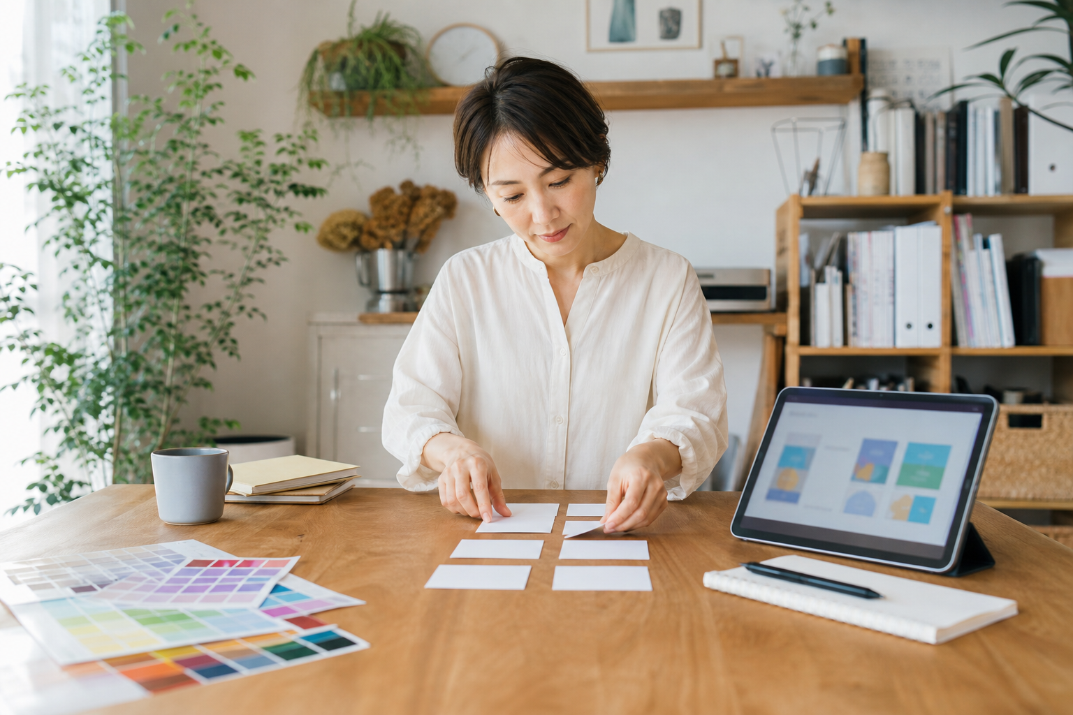 Canva講座の目的別の選び方をカードで整理する日本人女性の写真