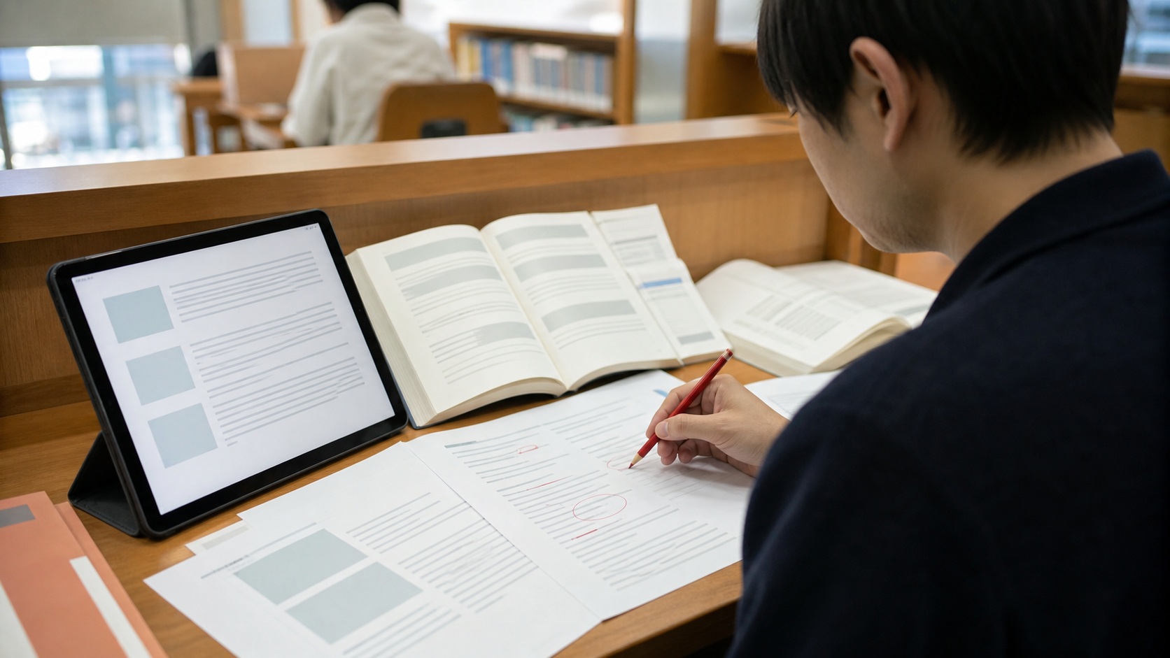 チャッピーの回答を資料と見比べて修正する日本人男性の写真