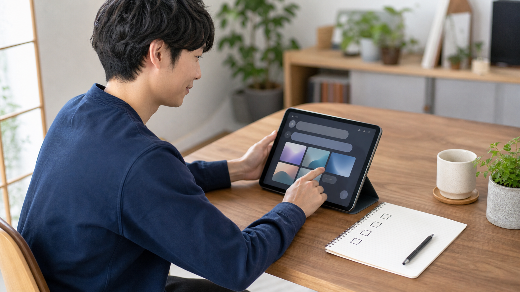 ChatGPTで画像生成する基本手順をタブレットで確認する日本人男性の写真
