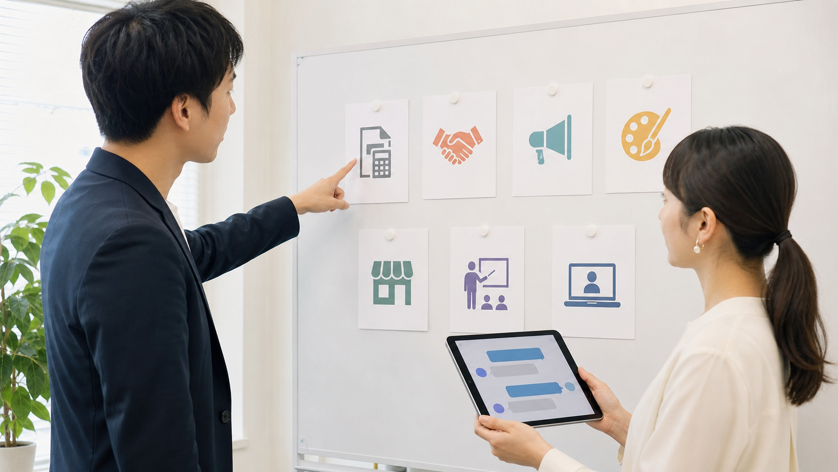 職業別にChatGPTの活用アイデアをボードで整理する日本人の写真