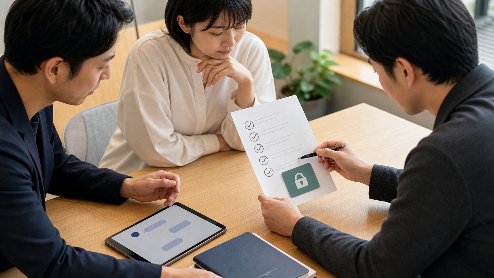 社内でChatGPTを使うためのルールを確認する日本人チームの写真