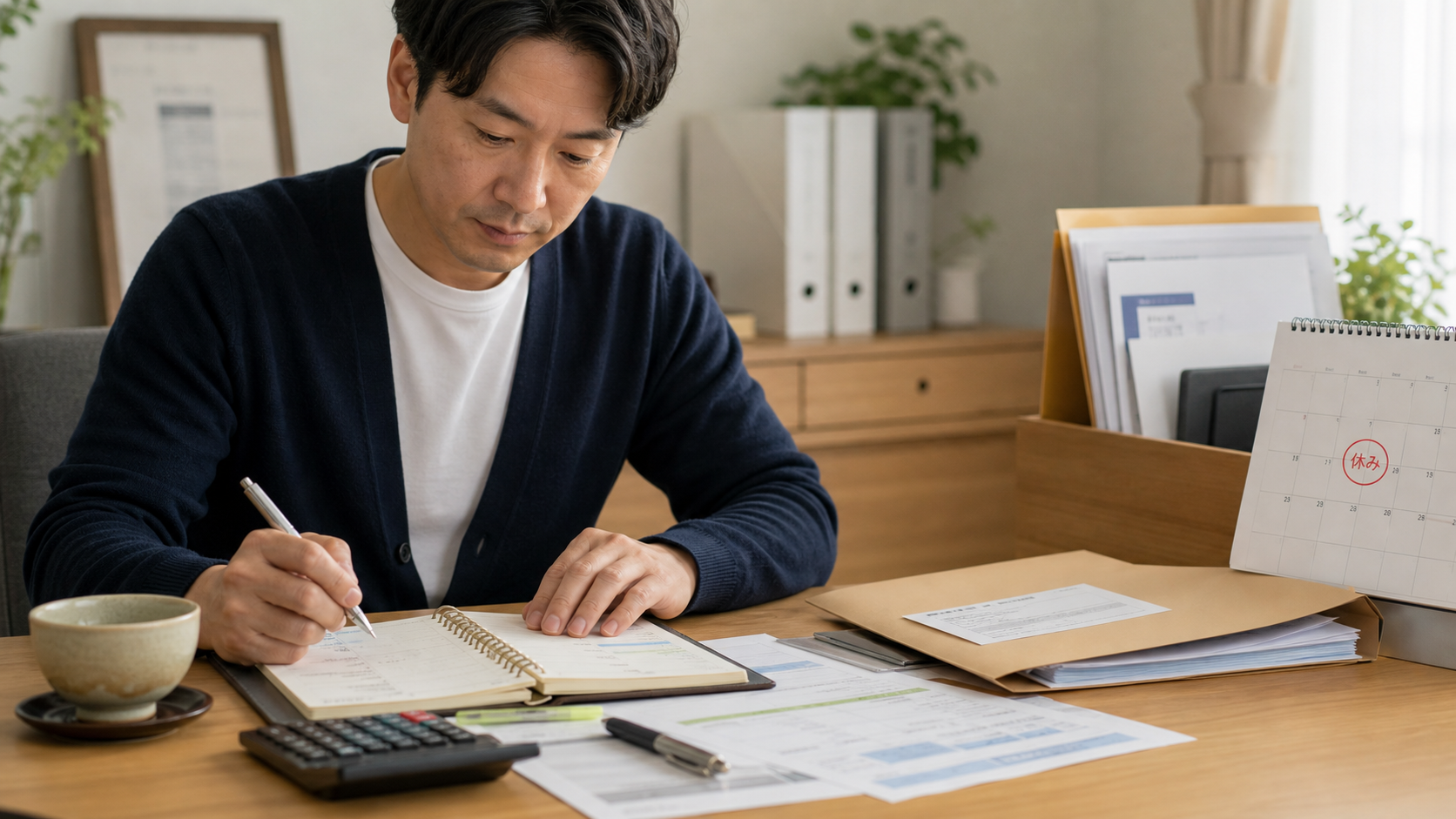 副業で月10万円を超える前に税金や稼働時間を確認する男性