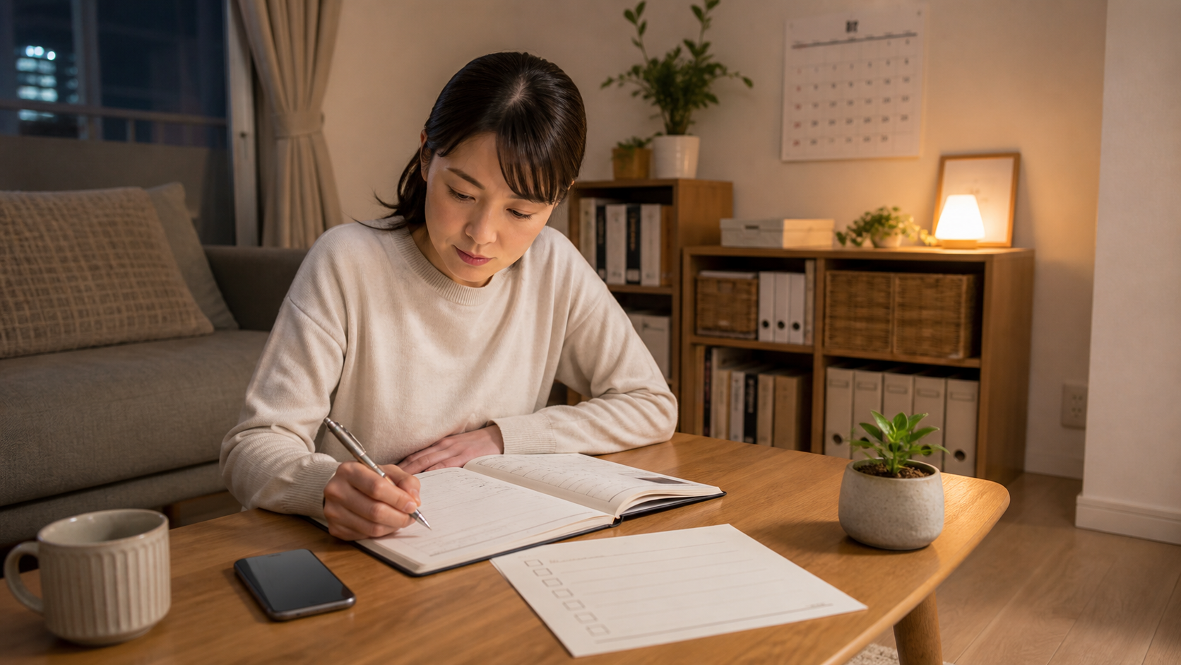 会社に知られにくい副業の働き方を自宅で計画する女性