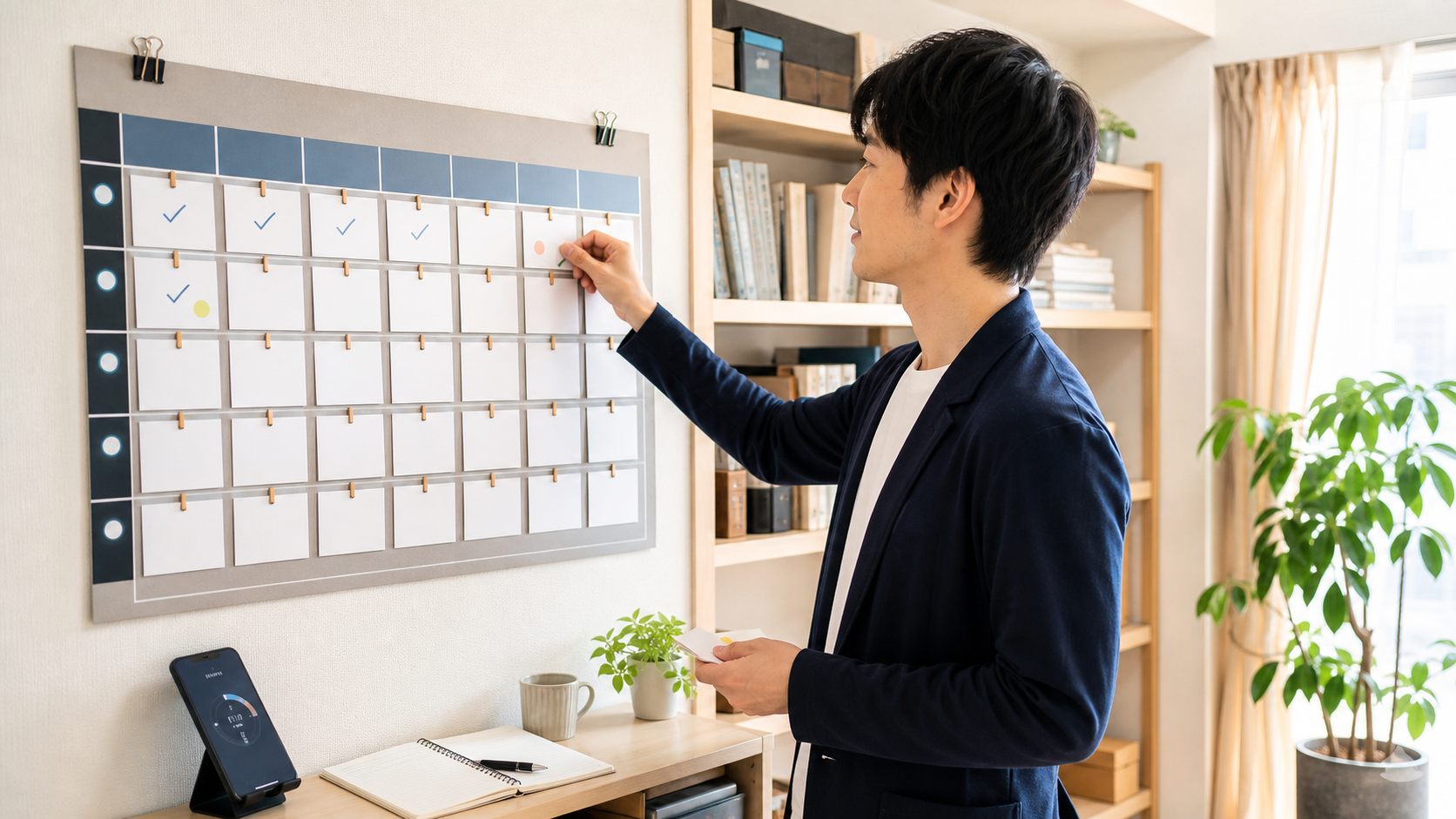 副業で月5万円を目指す12週間プランをカレンダーで管理する男性