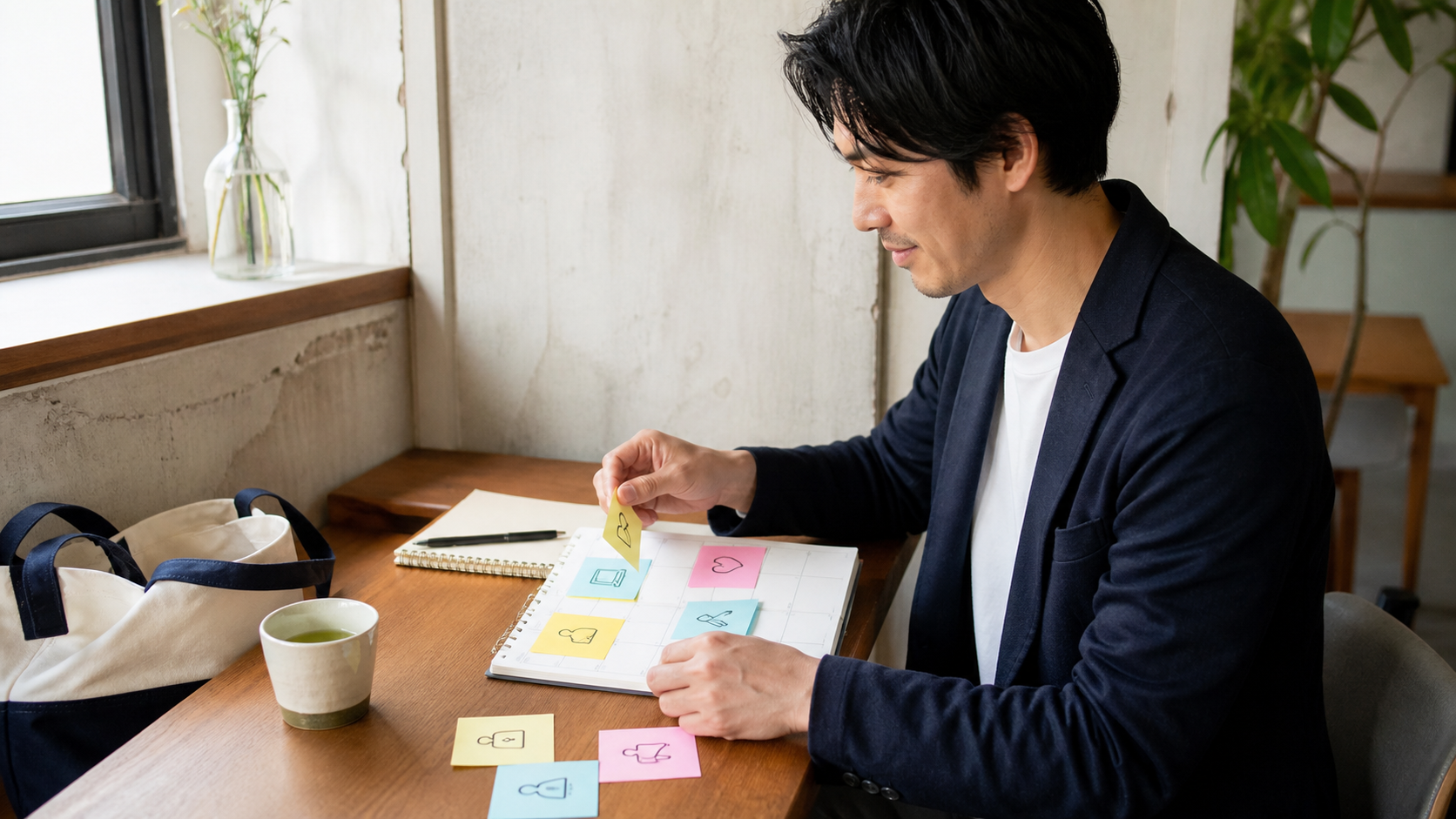 自分に合う副業を3ステップで選ぶために付箋を整理する男性