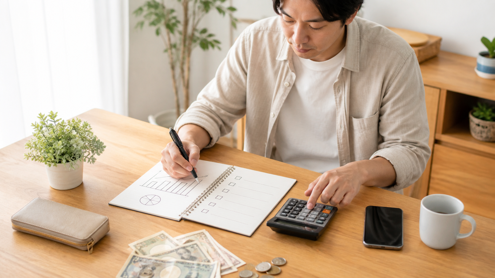 副業で月5万円を稼ぐために単価と件数を計算する様子