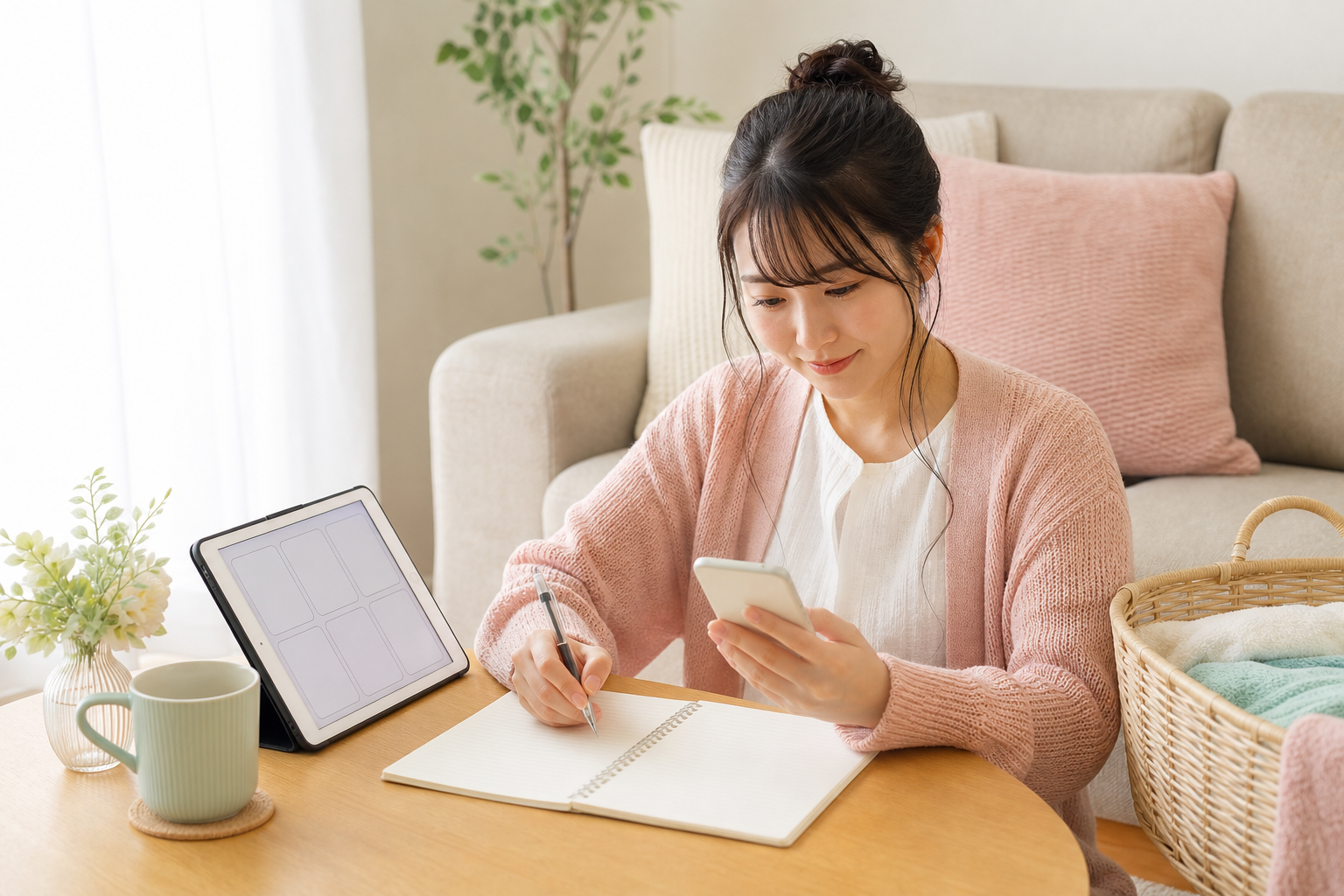 在宅で始めやすい副業をスマホとノートで進める日本人女性の写真
