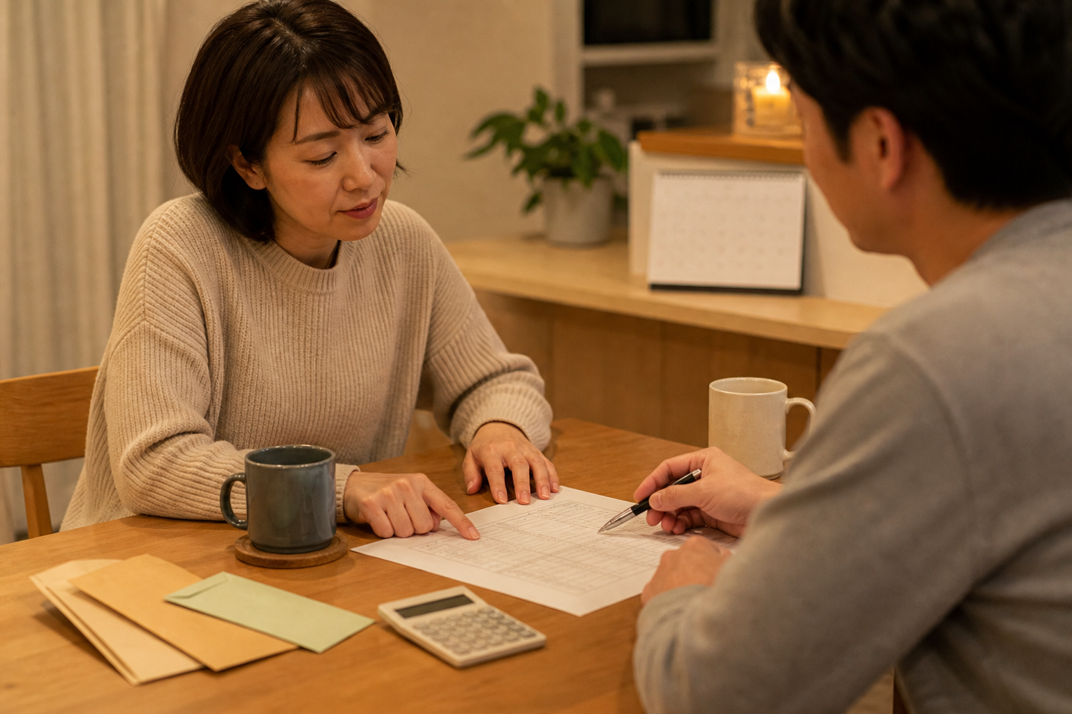 収入が安定するまでの資金計画を家族で話し合う写真