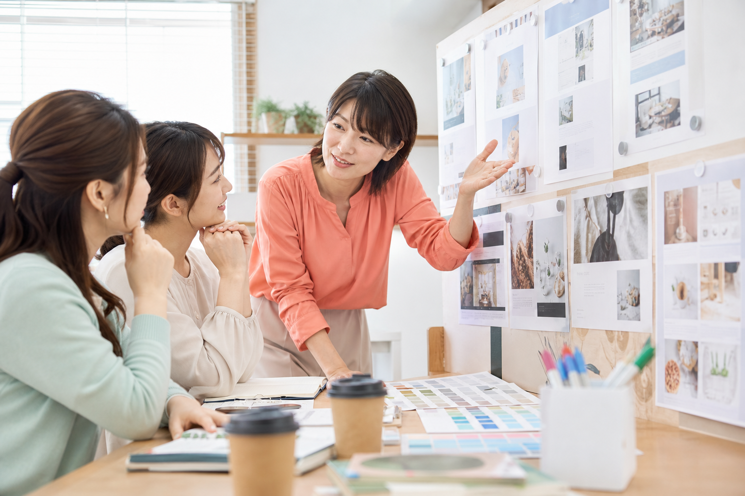 Webデザイン職業訓練で講師から制作物のフィードバックを受ける日本人女性の写真