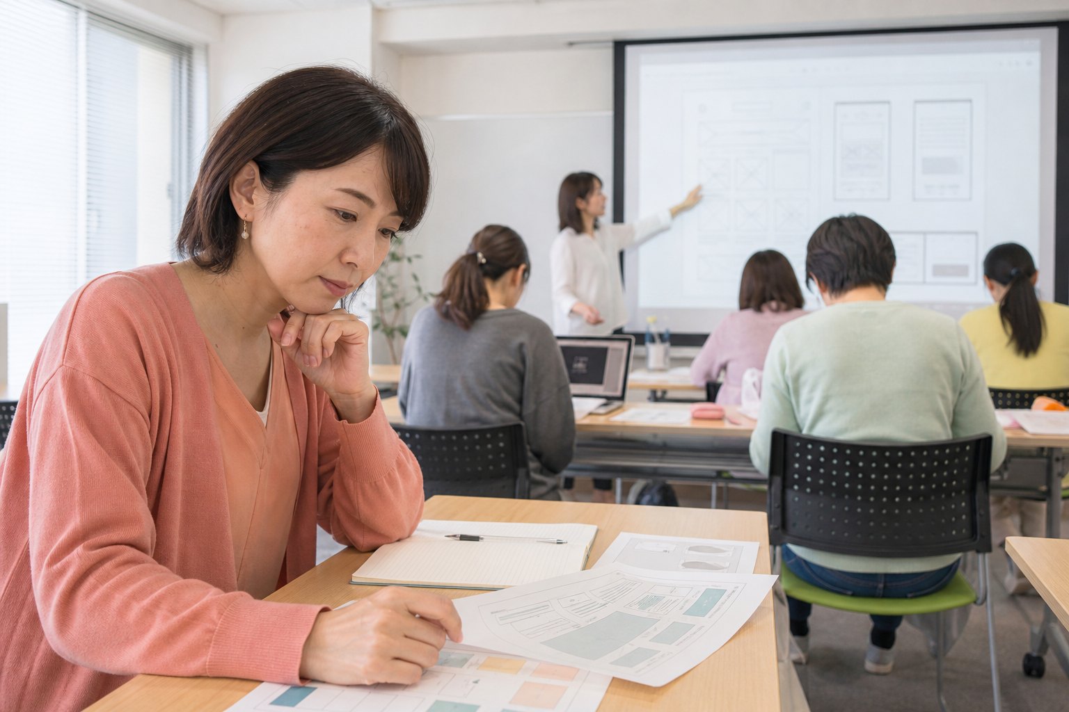 職業訓練でWebデザインを学ぶ教室で教材を確認する日本人女性の写真
