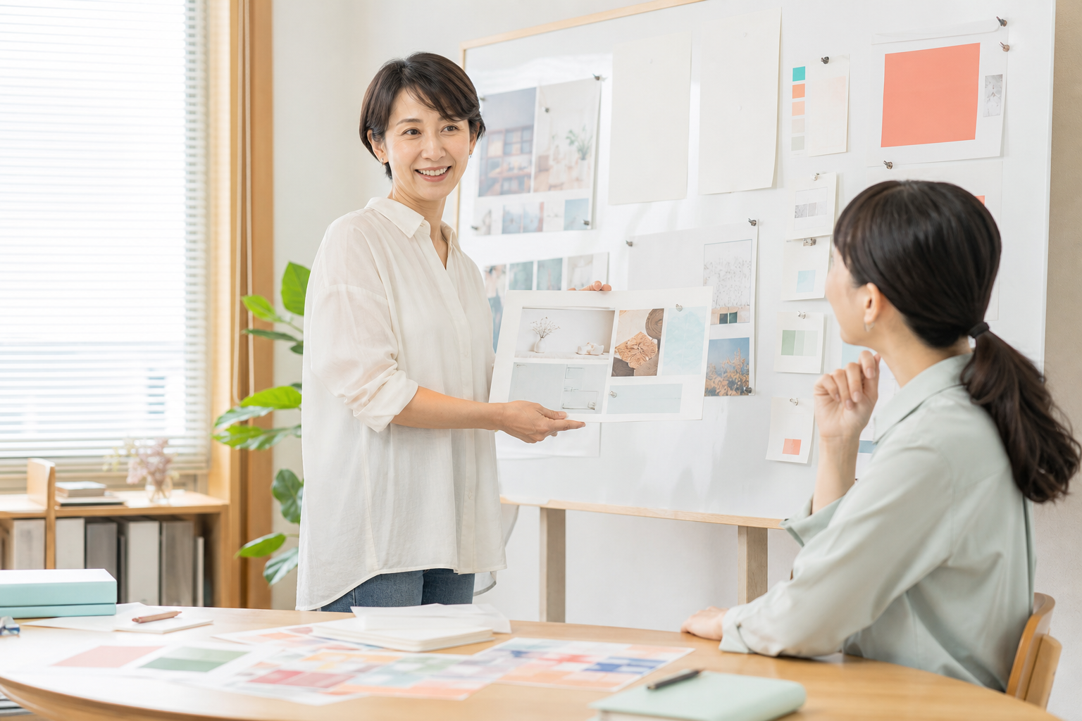 職業訓練で学んだWebデザインのポートフォリオを発表する日本人女性の写真