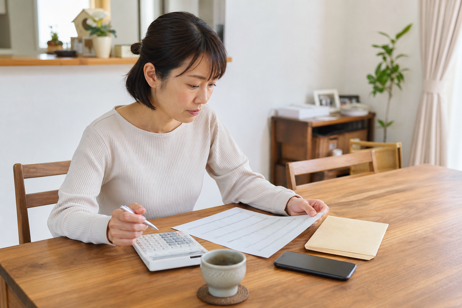 ママ起業の失敗パターンを避けるため費用を確認する日本人女性の写真
